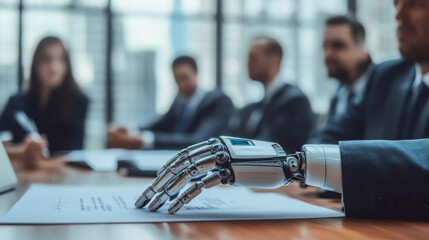 Fototapete - A robotic hand rests on documents in a business meeting, with professionals seated at a table, showcasing the integration of technology in corporate settings.
