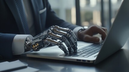 Poster - A robotic hand types on a laptop, symbolizing the integration of technology and artificial intelligence in modern work environments.