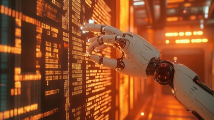 Poster - A robotic hand interacts with a glowing, data-rich wall, showcasing a futuristic environment filled with orange and yellow hues.