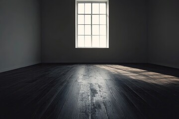 Wall Mural - Dark room, sunlight through window, wooden floor, empty space, interior design