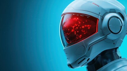 Poster - Futuristic Robot Head with Bright Red Display in Blue Background
