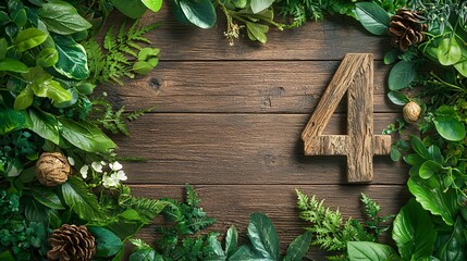 Poster - Wooden frame with lush green leaves branches and pine cones on a rustic wooden background  Natural organic and earthy composition with a minimalist and vintage aesthetic