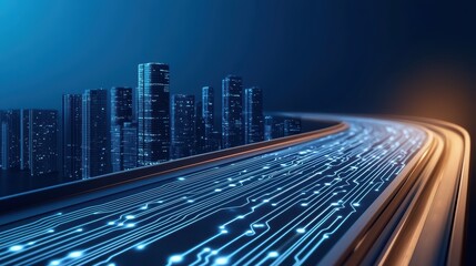 Poster - Futuristic Cityscape with Digital Road and Glowing Data Lines