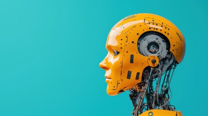 Poster - Futuristic Yellow Robot Head with Technology Elements and Blue Background