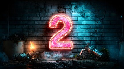 Poster - Striking glowing neon number 2 sign illuminated against a moody post apocalyptic brick wall background with smoke and scattered debris  Dramatic
