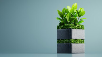 Wall Mural - Modern Minimalist Planter with Fresh Green Plants and Concrete Base