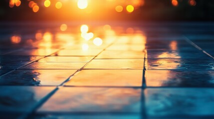 Poster - Glossy Floor Tiles Reflecting Dramatic Sunset with Soft Bokeh Lights