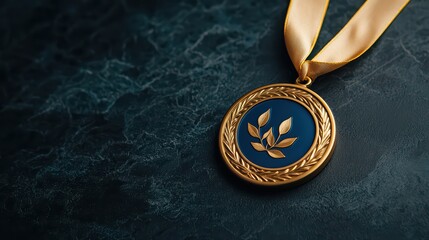 Wall Mural - Golden Medal with Blue Center and Ribbon on Dark Marble Surface