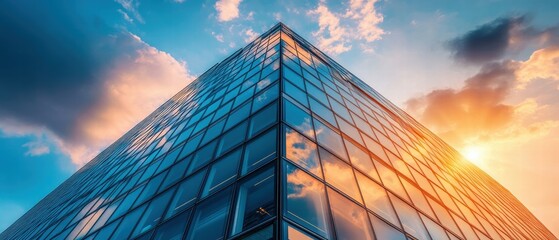 Poster - Modern Glass Building Facade Reflecting Warm Sunset and Clouds