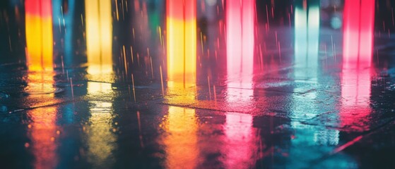 Poster - Vibrant Neon Lights Reflected on Wet Pavement in Rainy Urban Street
