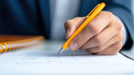 Poster - Hand Holding Pen Writing On Paper With Business Graphs Analysis