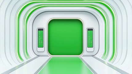Poster - sleek modern green background with white arches and soft lighting
