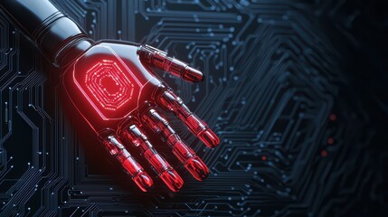 Poster - Futuristic Robotic Hand with Red LED Lights on Circuit Background