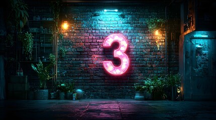 Poster - Glowing Neon Number Three Sign displayed against a moody grunge textured brick wall in an urban nighttime setting  The dramatic lighting and industrial atmosphere create a bold