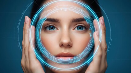 Poster - Portrait of Young Woman with Futuristic Digital Elements Around Face