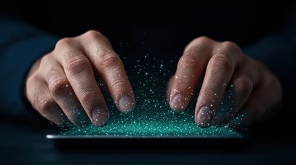 Poster - Hands Typing on Digital Device with Glowing Particles Effect