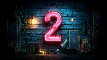 Poster - Glowing Neon Number Two Symbol Displayed on a Grunge Brick Wall in a Moody Industrial Style Interior Setting  Retro Vintage and Minimal Decor Concept