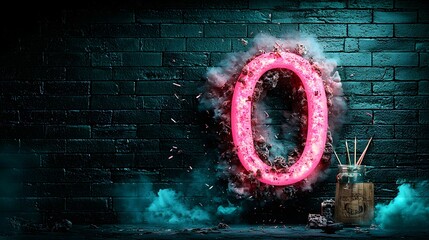 Poster - Disintegrating neon ring bursting in a smoky surreal abstract glowing fractal explosion with vivid luminous energy and dazzling shattered pieces in a dreamlike otherworldly and visionary digital art