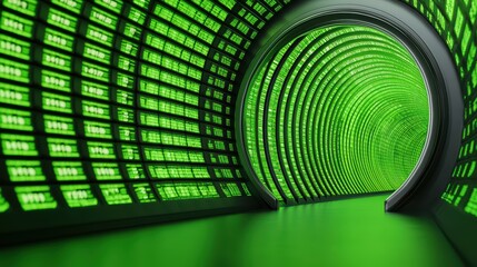 Poster - Futuristic Green Tunnel with Digital Patterns and Glowing Lines