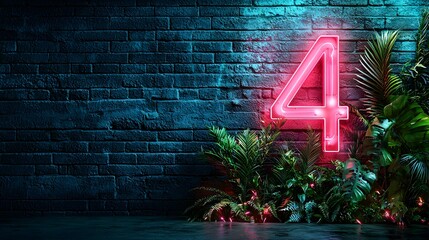 Aufkleber - neon number four sign glowing against a background of lush tropical plants and a dark brick wall in 