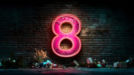 Poster - Glowing Neon Number 8 Sign on Grunge Brick Wall   Vintage Retro Industrial Urban Style Illuminated Bright Abstract Graphic Design Advertising Background