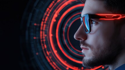 Poster - Futuristic Man with High-Tech Glasses Against Digital Background