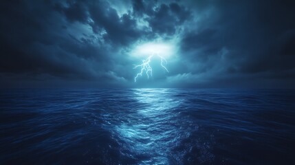 Canvas Print - Dramatic lightning strike over dark ocean.