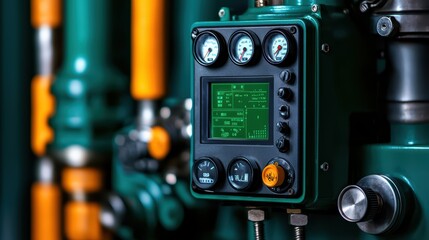 Poster - Control panel of industrial machinery with gauges and screens