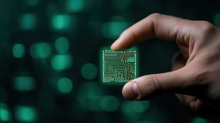 Poster - Hand Holding Computer Chip with Circuit Patterns on Dark Background