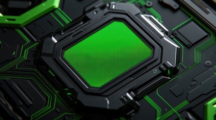 Poster - Green Circuit Board Close-Up Detail with Metal Components and Lines