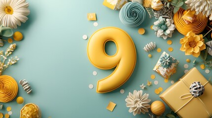 Poster - Number Nine Shaped Symbol with Floral Ribbon Bow and Other Elements Arranged on a Mint Green Minimalist Background  Concept of Anniversary Birthday or Special Occasion