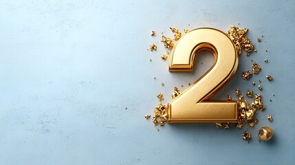 Poster - Elegant golden number 2 with shimmering glitter sparkles and metallic elements against a pastel blue abstract background  Concept for anniversary birthday new year or other celebratory event