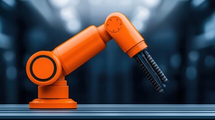 Poster - Orange Industrial Robot Arm with Gripper in Modern Factory Setting