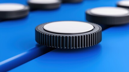 Poster - close-up view of circular black mechanical components on blue surface
