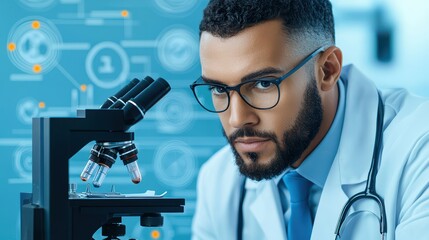 Poster - focused male scientist examining sample with microscope in lab