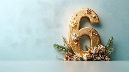 Poster - Golden metallic number 6 Christmas ornament with pine cones and fir branches on a light blue and green seasonal holiday background  Elegant luxury 3D render with copy space