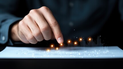 Poster - hand touching digital graph on paper with glowing points effect