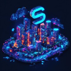 Fototapete - Neon Cityscape With Glowing Symbol At Night