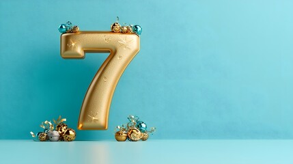 Poster - Golden Number 7 Metallic Decorative Object on Teal Background  3D Render of Shiny Ornamental Digit for Anniversary Birthday New Year or Christmas Holiday Event