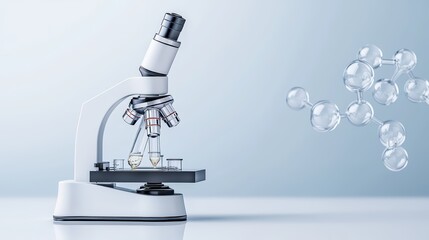 Poster - Modern Laboratory Microscope with Chemical Elements and Glassware