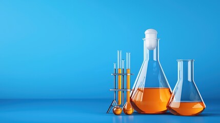 Poster - laboratory equipment with colorful liquids on blue background