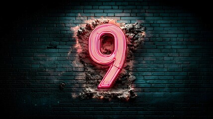 Poster - Glowing Neon Number 9 Display on Crumbling Grunge Brick Wall Background with Abstract Patterns and Textures Futuristic Industrial Urban Scene