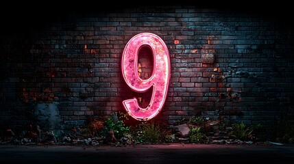 Poster - Vibrant Neon Number 9 Sign Illuminated Against a Dark Brick Wall Background in an Urban Night Scene  The Glowing Pink and Red Digits Create a Striking Contrast with the Moody Industrial Setting