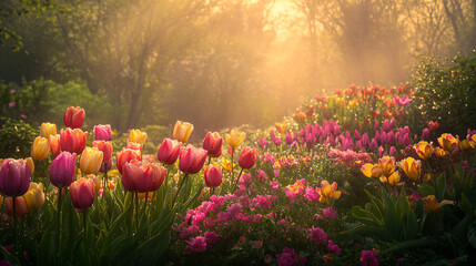 Wall Mural - sunrise tulips in a spring garden with dew drops