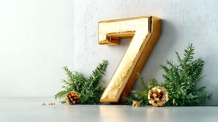 Poster - Golden metallic number 7 sign displayed with pine tree branches pine cones and green foliage elements in a minimalist elegant holiday and vignette scene