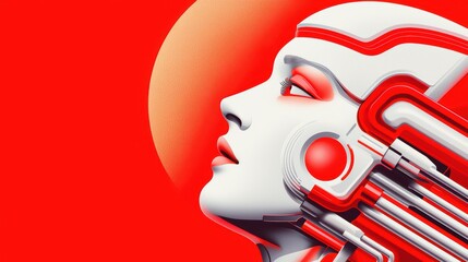 Poster - Futuristic Female Cyborg Against Vibrant Red Background and Sun Circle