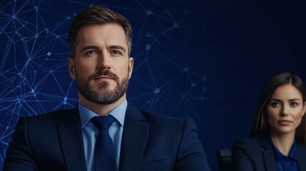 Poster - Professional Man and Woman in Corporate Meeting with Network Background
