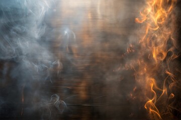Canvas Print - fire and smoke on dark wooden background with steel texture contrast