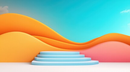 Poster - vibrant abstract landscape with colorful curved background and steps