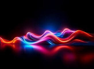 Wall Mural - Vibrant, glowing waves of light undulate across a dark plane, casting a colorful reflection below. The smooth, abstract lines evoke energy and motion.